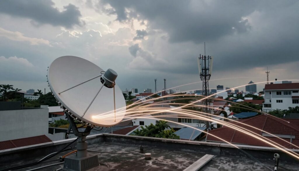 A visually striking depiction of network congestion affecting a Starlink satellite network in an urban setting in Indonesia. In the foreground, include a detailed satellite dish on a rooftop, with visible data streams represented as glowing lines emanating from it, intertwining and tangling to signify congestion. In the middle ground, show a skyline of Indonesian buildings with antennas and communication towers, creating a sense of density and activity. The background should feature a dramatic, cloud-filled sky to convey an atmosphere of tension and disruption. Use soft, diffused lighting to highlight the complexities of the network while casting shadows that enhance the scene's depth. Capture the mood of frustration and urgency associated with slowed internet speeds.