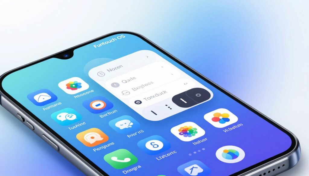 A dynamic smartphone screen showcasing the unique features of Funtouch OS by Vivo. In the foreground, vibrant app icons are neatly organized, emphasizing personalized widgets and user-friendly navigation. The middle layer highlights a sleek design with a modern interface, including quick access settings, a notification bar, and an elegant dark/light mode toggle. In the background, an ambient gradient of soft blues and whites enhances the tech-savvy environment. Utilize bright, natural lighting to evoke a fresh and engaging atmosphere, with a slight angle to simulate the user experience. The image captures a sense of innovation and accessibility, perfect for illustrating the distinctive advantages of Funtouch OS in a visually appealing way.