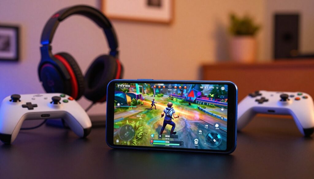 A modern smartphone from the Infinix Hot series, showcasing its sleek design and vibrant display, is placed prominently in the foreground. The phone's screen displays an action-packed gaming scene with colorful graphics, emphasizing its performance capabilities. The middle ground features a stylish gaming setup, including a headset and game controller, with soft ambient lighting enhancing the gaming vibe. In the background, a cozy room is depicted with warm hues illuminating the space, creating an inviting atmosphere. The overall lighting is dynamic, highlighting the phone and accessories, while a shallow depth of field blurs the background slightly, focusing attention on the device. The image conveys excitement and engagement in casual gaming, appealing to potential buyers. A modern smartphone from the Infinix Hot series, showcasing its sleek design and vibrant display, is placed prominently in the foreground. The phone's screen displays an action-packed gaming scene with colorful graphics, emphasizing its performance capabilities. The middle ground features a stylish gaming setup, including a headset and game controller, with soft ambient lighting enhancing the gaming vibe. In the background, a cozy room is depicted with warm hues illuminating the space, creating an inviting atmosphere. The overall lighting is dynamic, highlighting the phone and accessories, while a shallow depth of field blurs the background slightly, focusing attention on the device. The image conveys excitement and engagement in casual gaming, appealing to potential buyers.
