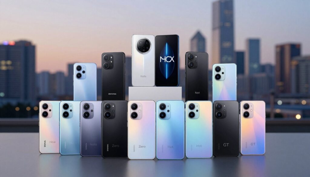 A sleek and modern representation of the Infinix smartphone hierarchy, featuring distinct models such as Note, Zero, Hot, and GT, arranged from entry-level to flagship. In the foreground, showcase the stylish designs of these smartphones, each with unique color options and features. The middle layer includes subtle highlights depicting varying price points, perhaps using icons or silhouettes to represent budget, mid-range, and premium devices. In the background, a softly blurred cityscape symbolizes technology and innovation, illuminated with soft, ambient lighting in twilight shades. Capture a professional atmosphere that conveys clarity and knowledge, using a wide-angle lens perspective to create depth, while ensuring a clean, polished aesthetic without any text or distractions. A sleek and modern representation of the Infinix smartphone hierarchy, featuring distinct models such as Note, Zero, Hot, and GT, arranged from entry-level to flagship. In the foreground, showcase the stylish designs of these smartphones, each with unique color options and features. The middle layer includes subtle highlights depicting varying price points, perhaps using icons or silhouettes to represent budget, mid-range, and premium devices. In the background, a softly blurred cityscape symbolizes technology and innovation, illuminated with soft, ambient lighting in twilight shades. Capture a professional atmosphere that conveys clarity and knowledge, using a wide-angle lens perspective to create depth, while ensuring a clean, polished aesthetic without any text or distractions.